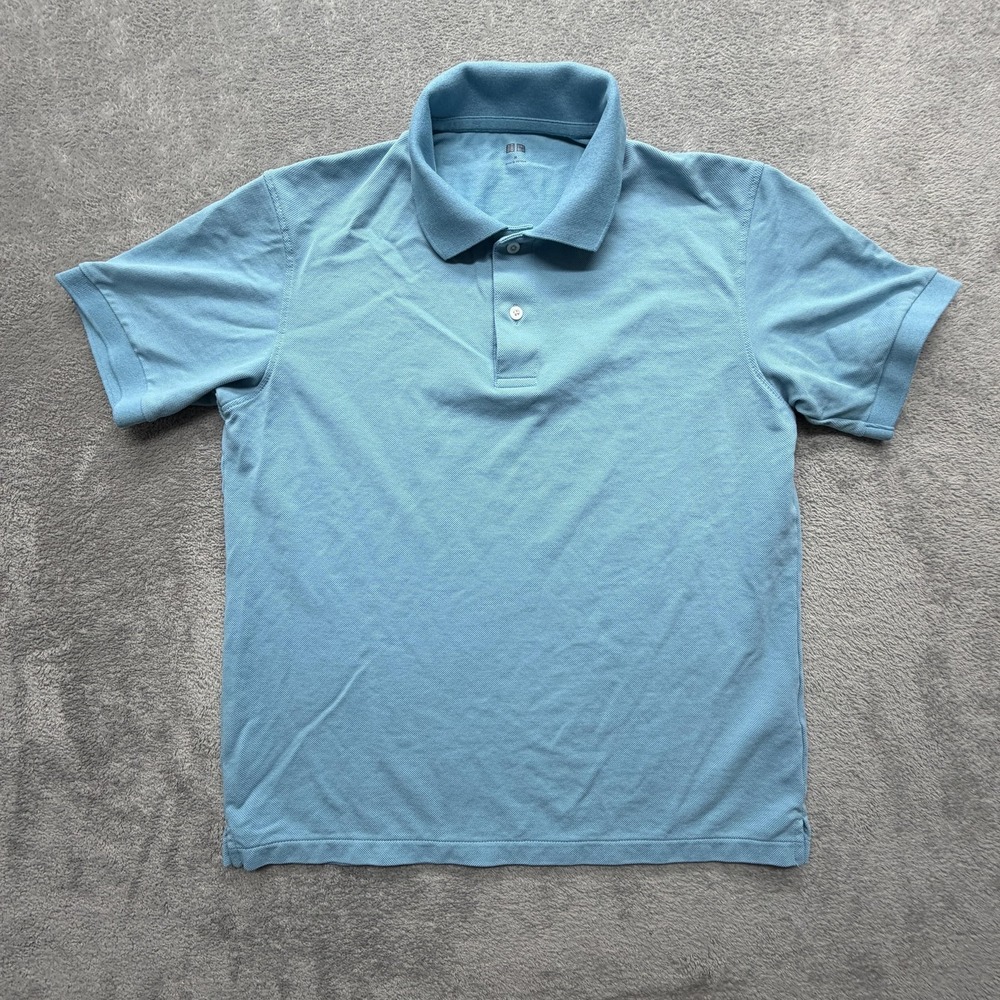 Uniqlo Polo Shirt Mens Medium Blue Pique‎ Knit Cotton Blend Short Sleeve
